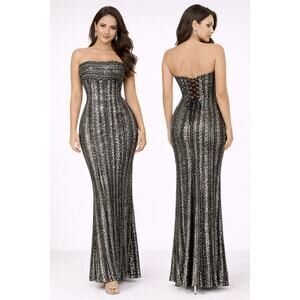 House of Jovelle Evening Gown Dress Women M Black Silver Stripes Sequin Glam